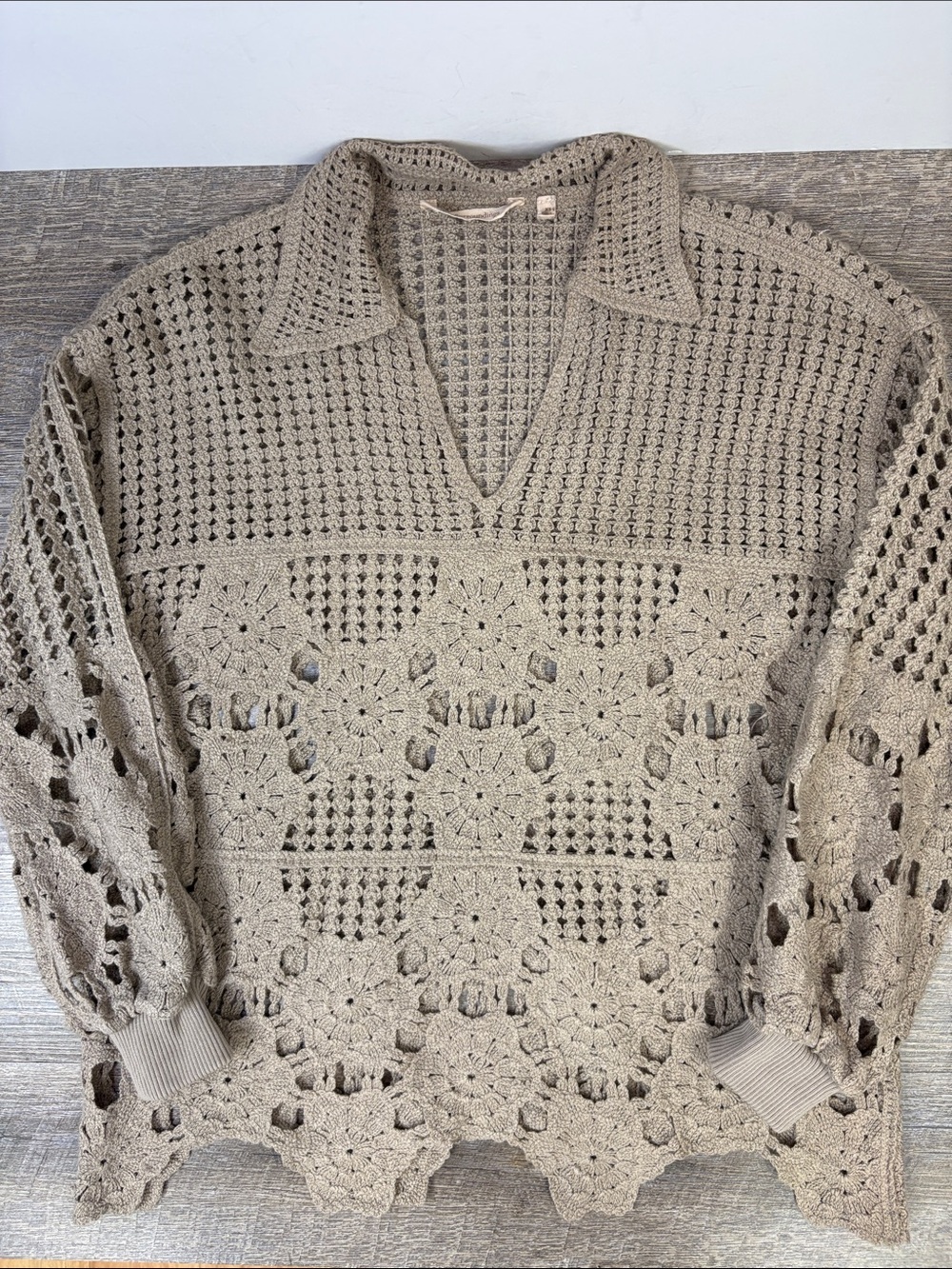 Soft Surroundings Crochet Open Knit Sweater Taupe Boho Collared Pullover XS - Picture 3 of 9